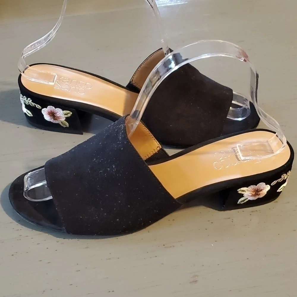 Franco Sarto-  Slides sandal Black Suede embroidered heels slip on women's 7.5